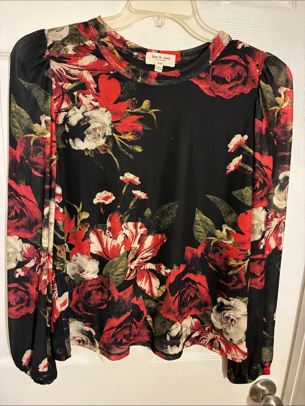 Kim & Cami Black Floral Long Sleeve Blouse with Red and Cream Roses
